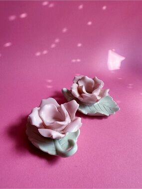 Sweetest Pair of Pink Porcelain Rose Candlesticks on Pale Green Leaves